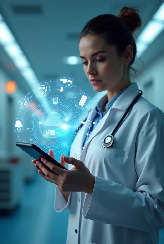 a cinematic image of a cell phone lying in the hand of a doctor with an ologram coming out of the cell phone of medicines injection blood pressure device pulse oximeter
