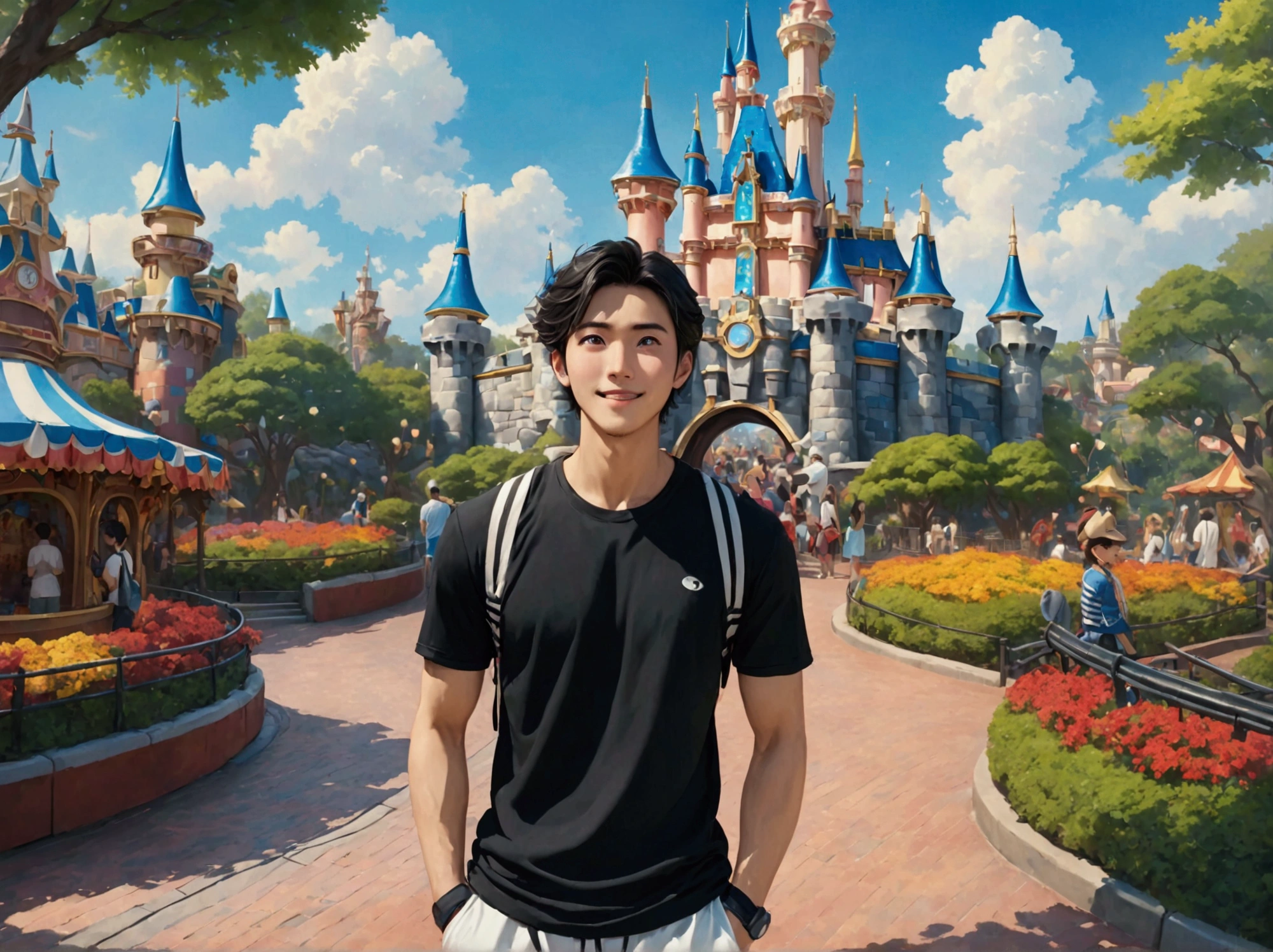 Japanese,25-30 years old, Handsome and sporty outfit , fair skin, black eyes(thin eyes 1:3), Full body image,(Super detailed, Realistic, best quality, 4K, 8k, High resolution, masterpiece:1.3), The background is Disneyland tomorrow land. he is very happy