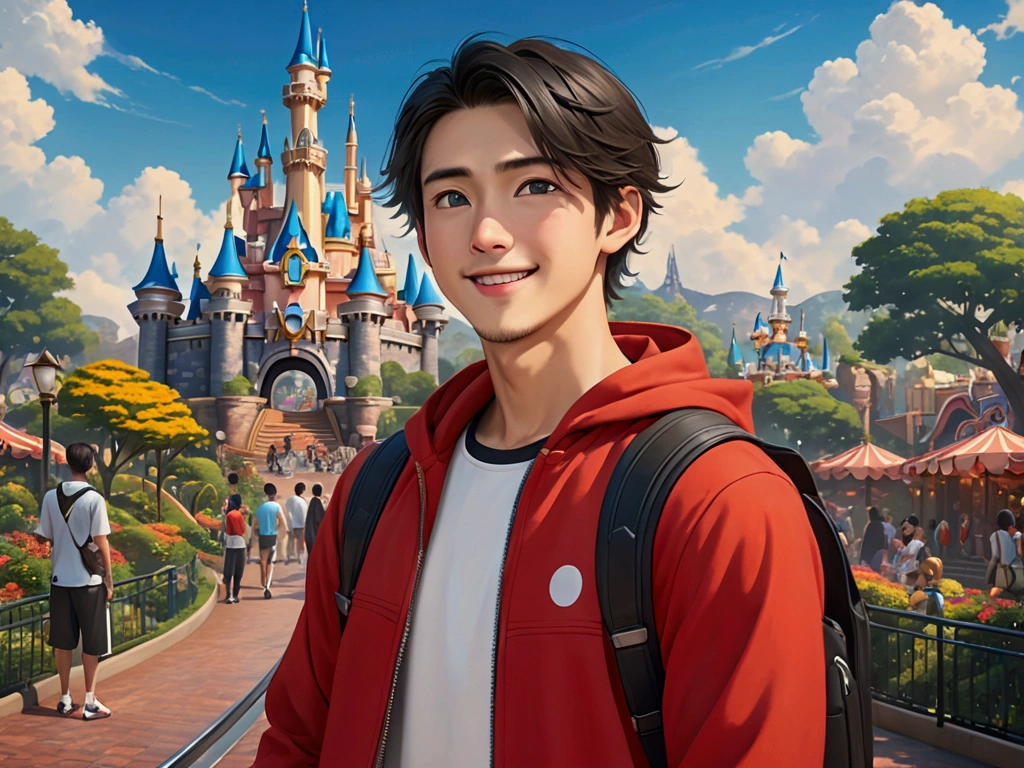 Japanese,25-30 years old, Handsome and sporty outfit ， fair skin, black eyes（thin eyes 1：3), Full body image,(Super detailed, Realistic, best quality, 4K, 8k, High resolution, masterpiece:1.3),  The background is Disneyland tomorrow land. he is very happy