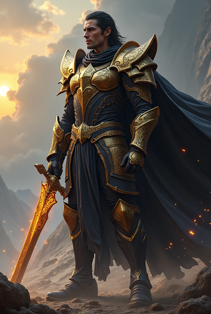Hero:name: Aric Blackthorn Description: Aric is an imposing warrior in black-gold armor that glows with a magical aura.. He wields a Staff of the Apocalyptic Dragon and the Sword of the Destroyer of Worlds., a legendary weapon with immense destructive power. Its goal is to restore peace and protect the innocent..