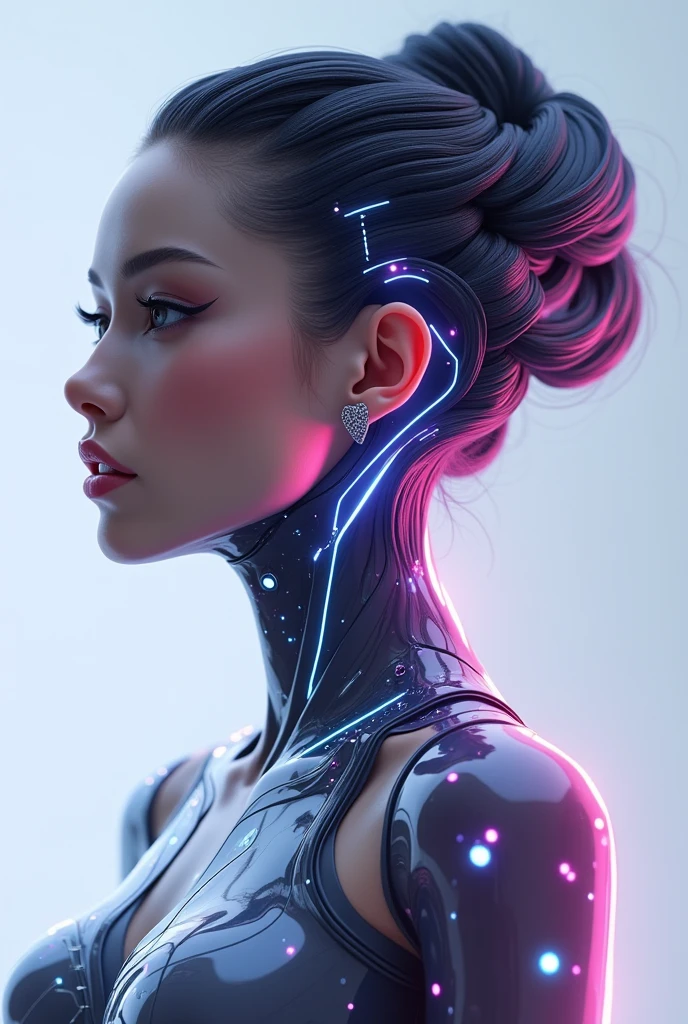Create a logo for "Roya Glam," a modeling agency specializing in AI models. The design should seamlessly blend elements representing both human and AI models. Incorporate sleek, modern aesthetics that reflect sophistication and innovation. Consider using abstract or geometric shapes to symbolize the fusion of human beauty and advanced technology, with a color palette that exudes elegance and futuristic vibes. The logo should capture the essence of cutting-edge fashion and the seamless integration of AI in the modeling industry.