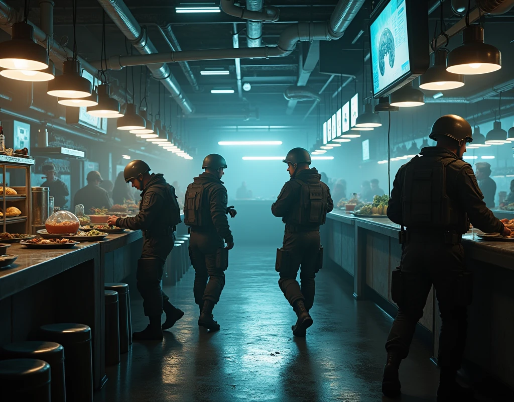 Technological cyberpunk military cafeteria. Soldiers wear futuristic clothing. Bad lighting. They move around and talk to each other. Flash Effect. 