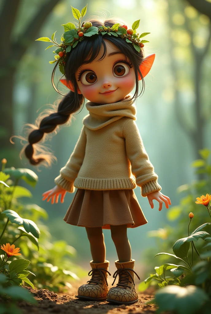 an animated character with a headband and leaves in her hair with a turtleneck, a skirt and brown tights and shoes with roots 