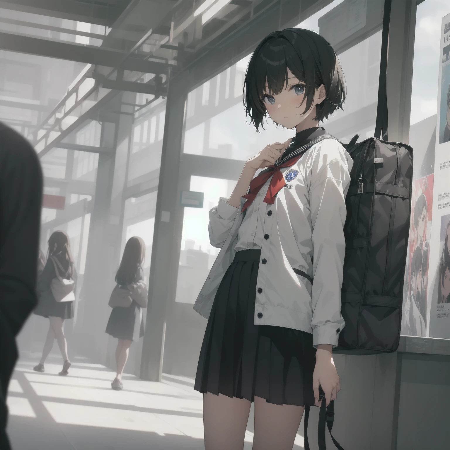 ultra-absurdres-Top quality by artist God, ultra-detailed, high resolution, anime moe artstyle, best anime 8k konachan wallpaper, pixiv contest winner, pool:2810, perfect anatomy,break, 1girl, (Please draw a girl walking sleepily to school alone. )break,(Solo,little female,15yo:1.3),Full limbs, ,a junior high school student, (very short hair), short cut, flat chest, , small butt, small black eyes, beautiful detailed eyes, well-proportioned iris and pupils, expressive eyes, highres detailed hair, soft expression, salor school_uniform, sailor collar, serahuku, bow, pleated skirt,(Detailed Lighting), (Detailed background), in the School commute route. break,super detailed skin, Best cinematic lighting powered by famous artist, 8k,beauty illustration,photoshop_(medium),very aesthetic,break,((artist:takeuchi_takashi )), artist:clamp ,artist:carnelian ,artist:kantoku ,
