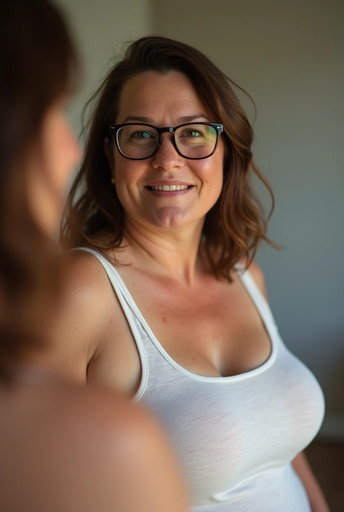 A moderately fat woman, White skin , brown hair with glasses and has many freckles, with a tank top on The image is taken selfie style in front of a mirror