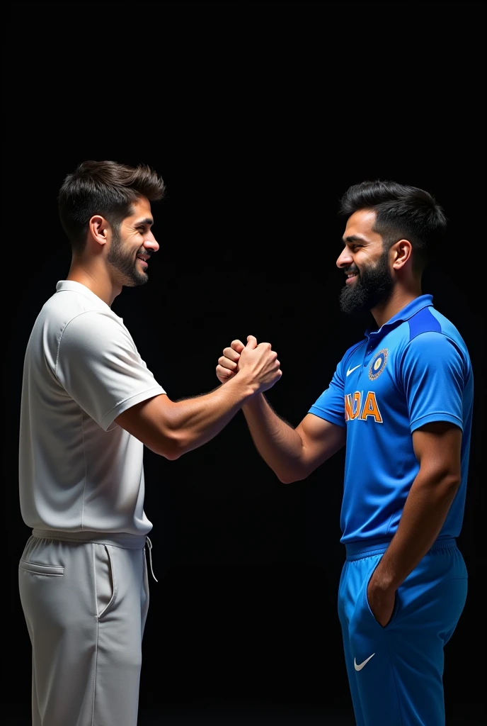 Two 30 years old boy wearing white jersey and another boy wearing india cricket blue Jersey, fist bumping in the black background