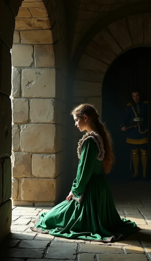 Photographic style: A stone-walled chamber in the Tower of London. A young Catherine Howard kneels in prayer, her vibrant green dress contrasting with the grim surroundings. A guard's shadow looms in the doorway.