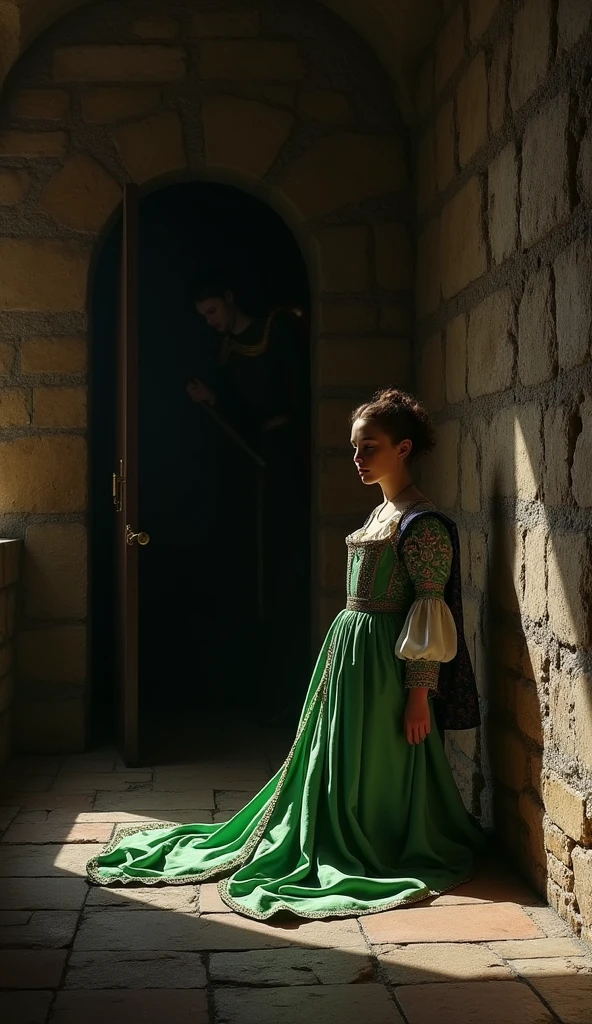 Photographic style: A stone-walled chamber in the Tower of London. A young Catherine Howard kneels in prayer, her vibrant green dress contrasting with the grim surroundings. A guard's shadow looms in the doorway.