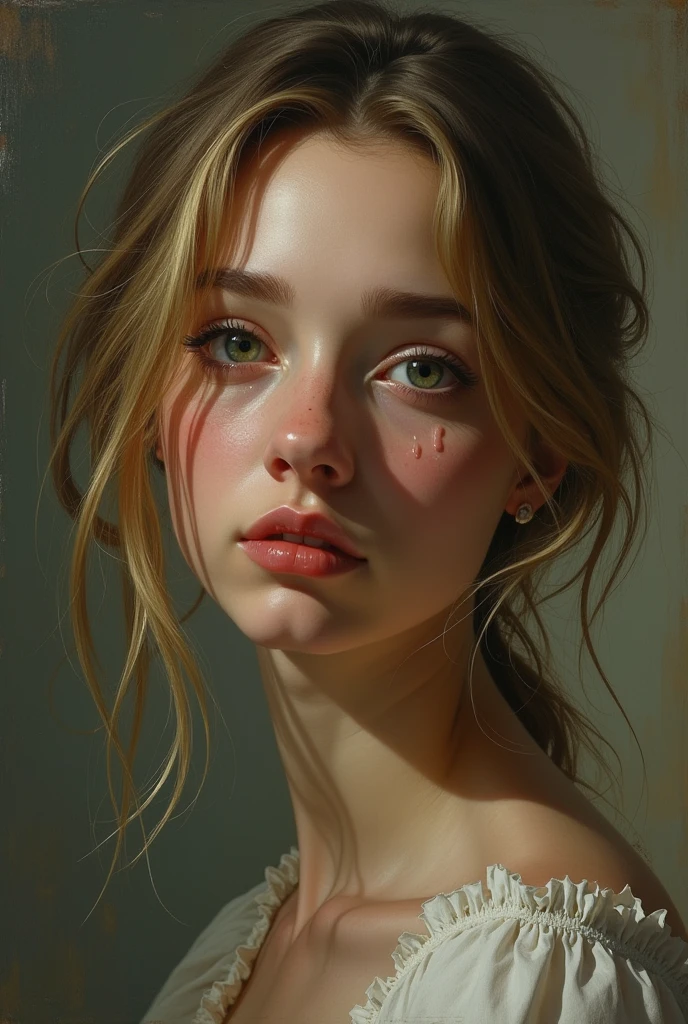 Make an old style painting by doing one with dark blonde hair and green eyes, crying with realistic tears