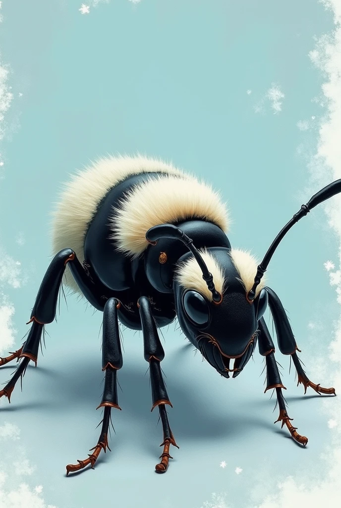 Create a cover image about the panda ant with a light blue background