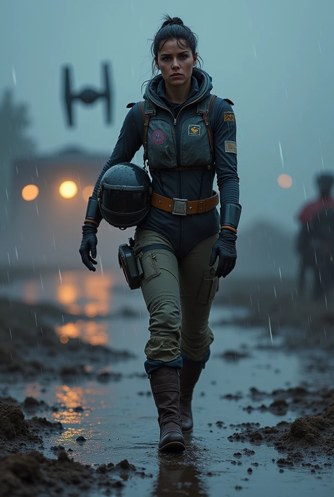Digital art of a female TIE fighter pilot in the mud and rain on a landing pad at night.