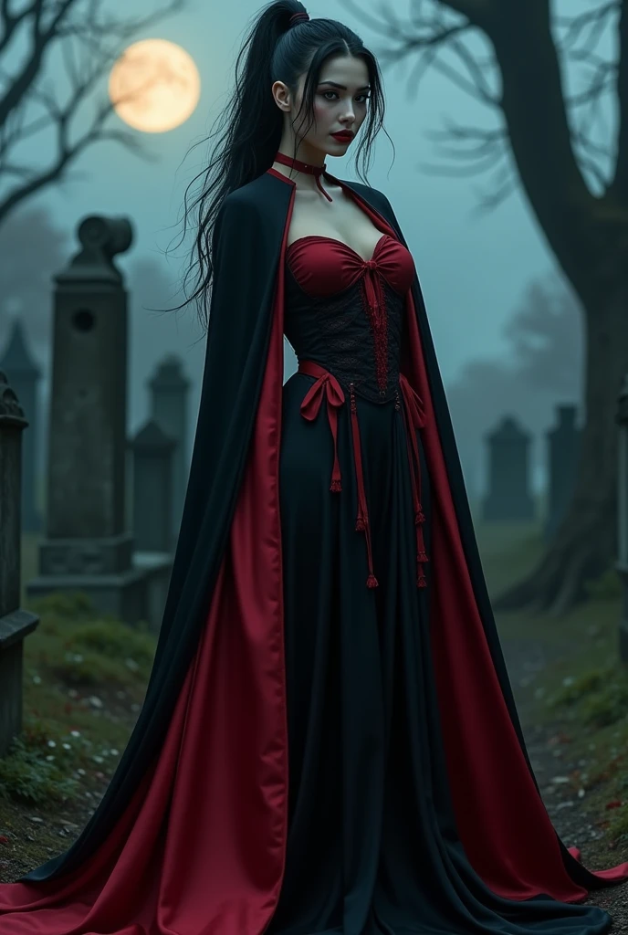 (RAW photo, best quality, masterpiece, ultra-detailed, high res), (realistic),(extremely 
delicate and beautiful:1), mesmerizing vampire woman with long black hair in high 
ponytail detailed red eyes , detailed features, smiling seductively , showing vampire fangs , ((wearing floor 
length black and red lined satin cape tied at the neck:1.20)) , lingerie , standing 
in a moonlight graveyard , imaginative, highly detailed, extremely high-resolution details, 
photographic, realism pushed to extreme, fine texture, 8k, ultra-detailed, high quality, high 
contrast, full body shot 