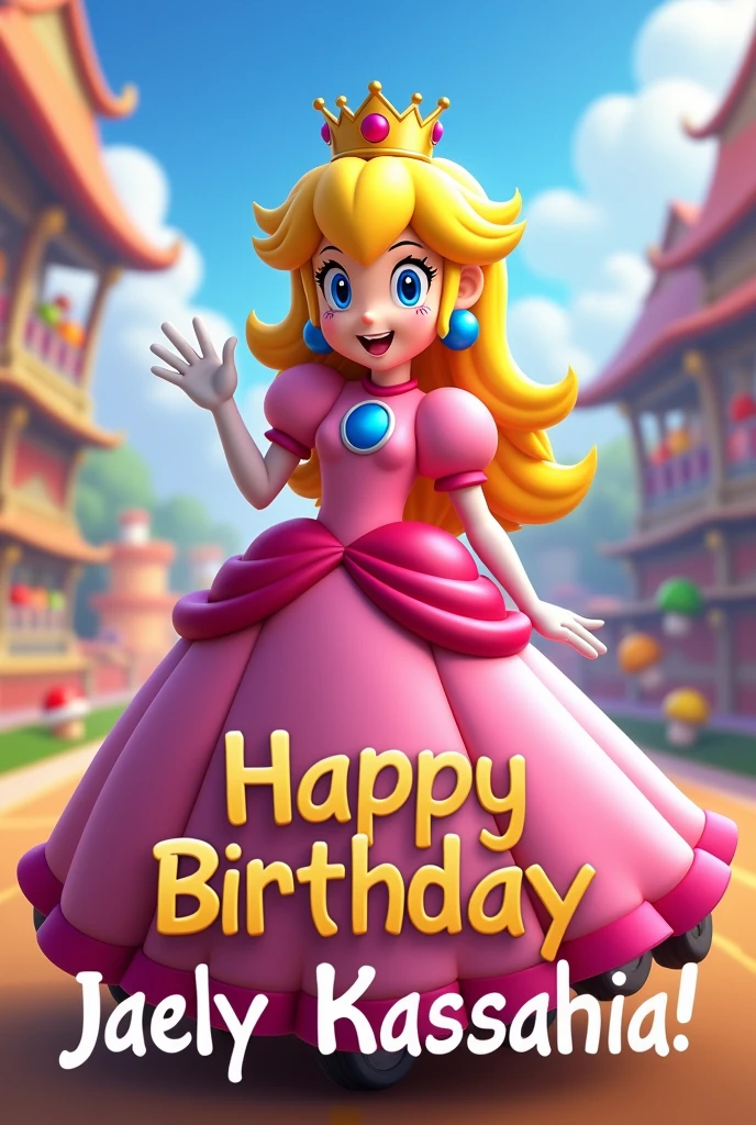 An image for a birthday poster with a MARIO KARTS PRINCESS PEACH theme, with festive Mario Karts background, that specifies 5TH BIRTHDAY, what say "HAPPY BIRTHDAY JAELY KASSAHIA"