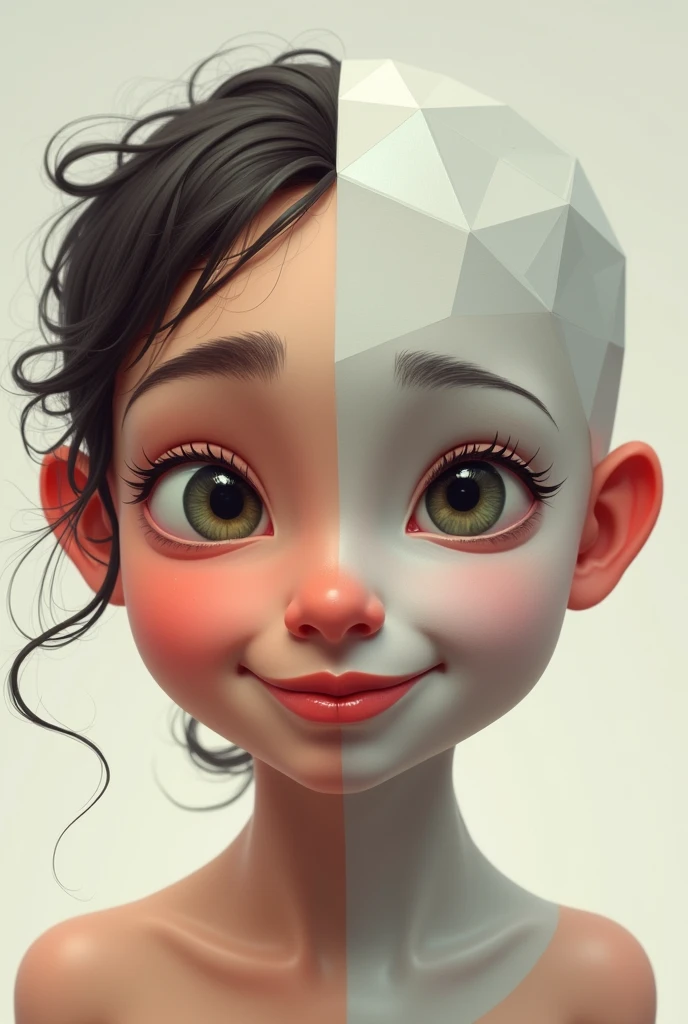 Drawing of a realistic half (cartoon) and another side with polygons completely easier