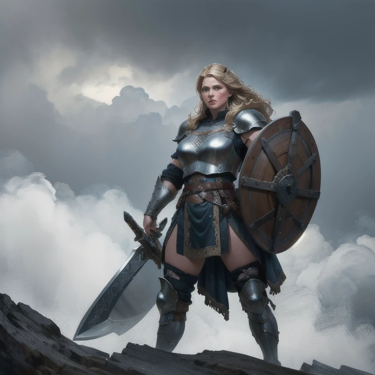 A sensual and beautiful full-body Viking warrior woman, detailed intricate armor, holding a large claymore sword, standing heroically on the prow of a Viking longship, dramatic dark moody cloudy stormy sky, volumetric fog, cinematic dramatic lighting, highly detailed, (best quality,8k,highres,masterpiece:1.2),ultra-detailed,(realistic,photorealistic,photo-realistic:1.37)