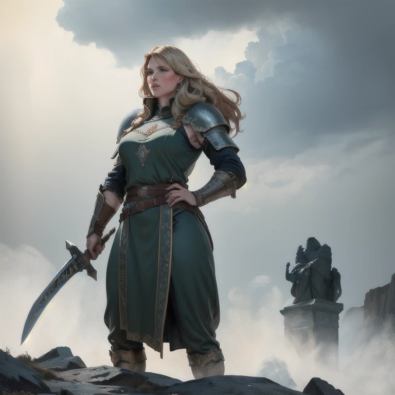 A sensual and beautiful full-body Viking warrior woman, detailed intricate armor, holding a large claymore sword, standing heroically on the prow of a Viking longship, dramatic dark moody cloudy stormy sky, volumetric fog, cinematic dramatic lighting, highly detailed, (best quality,8k,highres,masterpiece:1.2),ultra-detailed,(realistic,photorealistic,photo-realistic:1.37)