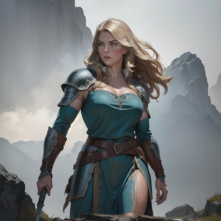 A sensual and beautiful full-body Viking warrior woman, detailed intricate armor, holding a large claymore sword, standing heroically on the prow of a Viking longship, dramatic dark moody cloudy stormy sky, volumetric fog, cinematic dramatic lighting, highly detailed, (best quality,8k,highres,masterpiece:1.2),ultra-detailed,(realistic,photorealistic,photo-realistic:1.37)