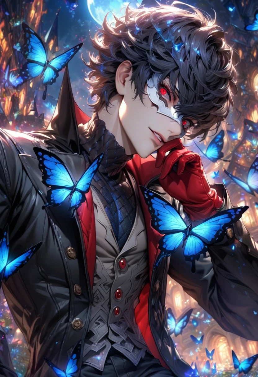 absurdres, highres, ultra detailed, HDR, masterpiece, detailed face, detailed eyes, Joker, black hair, expressive red eyes, persona 5, solo, sexy man, handsome, sensual, adult face, black coat, dark gray turtleneck vest, red gloves, white eye mask, black pants, fantasy, blue shining moon, blue glittering butterflies, magical, fantasy, glittering, blue dust, round blue fireflies