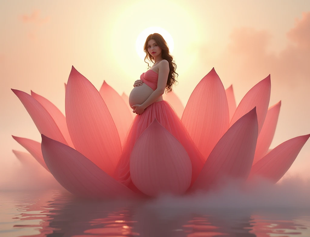 full length, black hair pregnant , woman watching in camera , full body font pose , both hand on belly ,red dress , Beautiful face, dress made of red rose petals, Light pink and light white tones, Esbian Full Body, beautiful backgrouond , daylight, Efeito de Luz, Minimalistic, Solar, pure tenderness, soft lighting, Realism. beautiful woman stand on a super giant lotus with double and long petals (petals made of thin, soft transparent,streaming, fabrics, full background of flowing petals, floating flower, super flying petals, Smoke effect, Fog, some water reflaciton mixed with petals), lotus dress, ((ss-through)) full length.