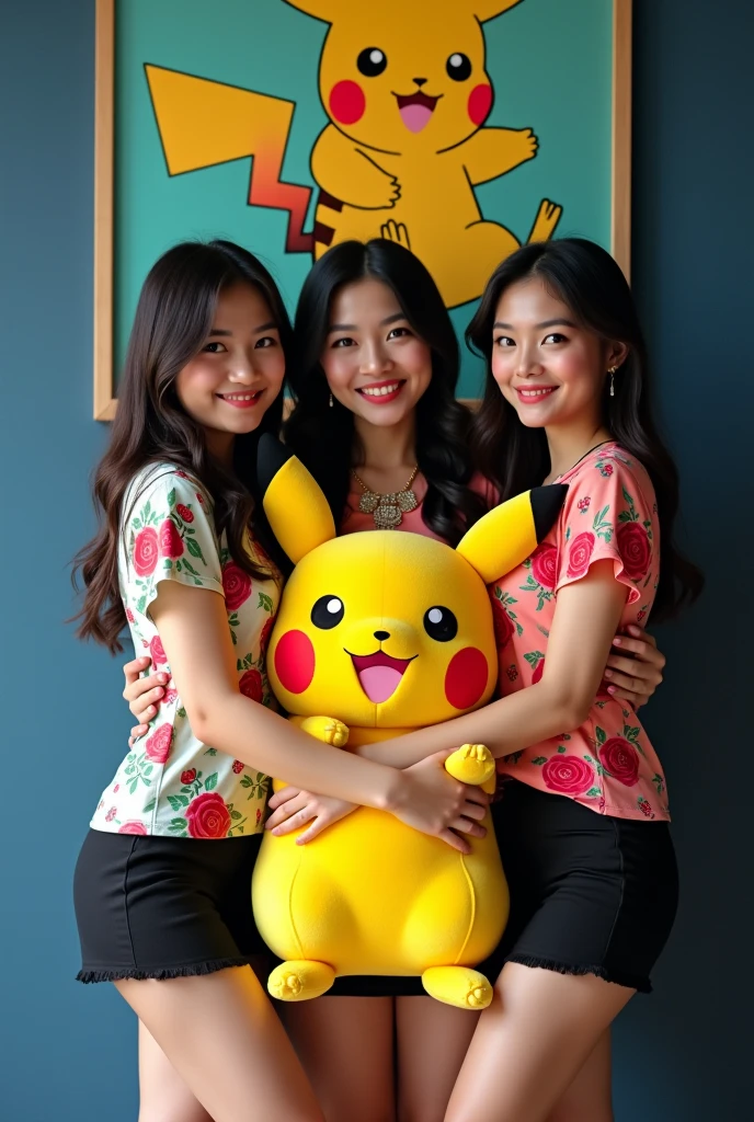 the three full body beautiful Thai women's 2 , wearing colorful t-shirt with rose design motifs, and short black skirts with decorative accessories white beautiful Nike shoes, standing smiling out loud looking at the camera, the dark blue background is a wall with a picture of a Pikachu and also hugging a own big Pikachu's.