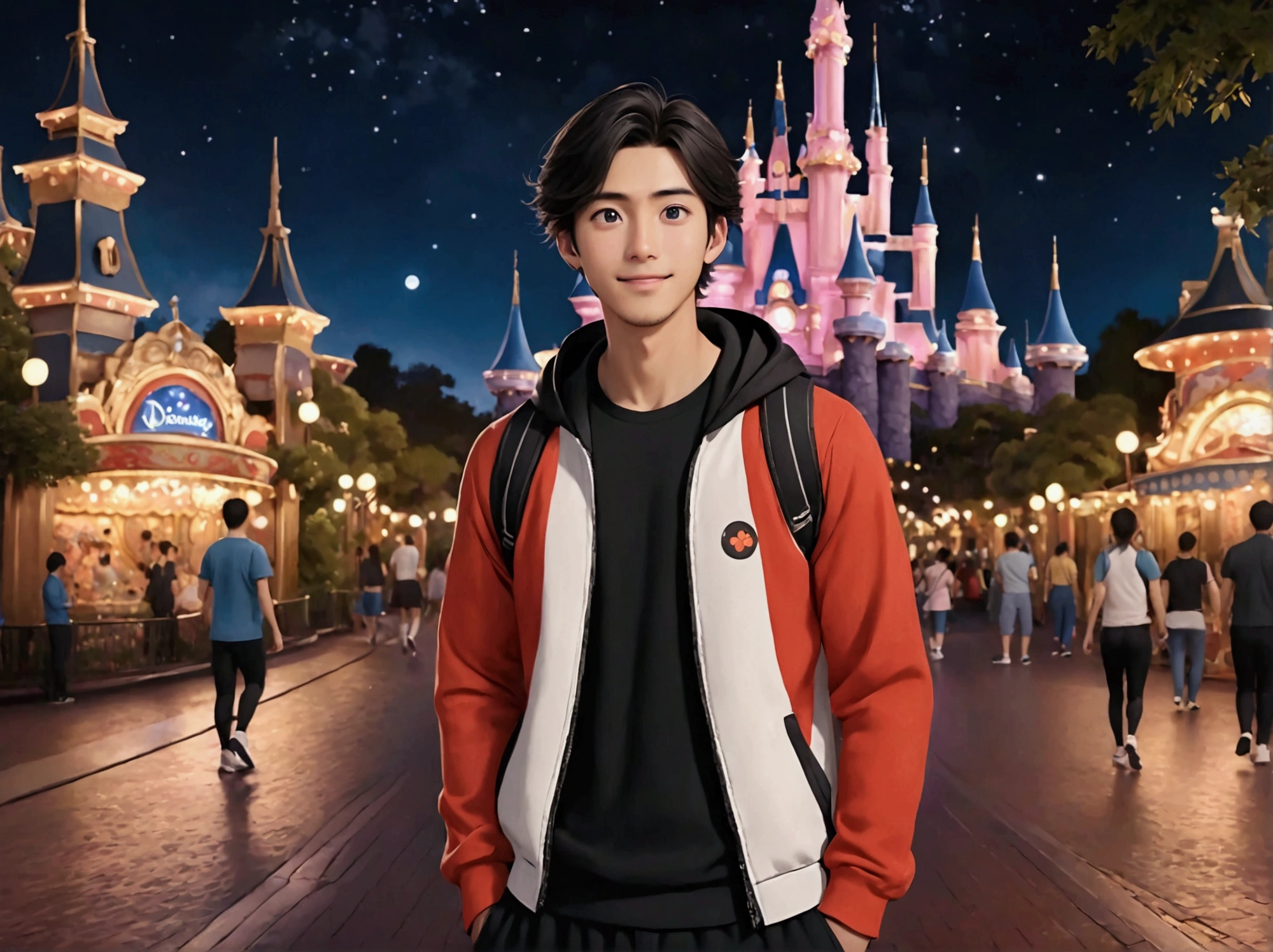 Japanese,25-30 years old, Handsome and sporty outfit , fair skin, black eyes(thin eyes 1:3), Full body image,(Super detailed, Realistic, best quality, 4K, 8k, High resolution, masterpiece:1.3), The background is Disneyland., night time. he is very happy