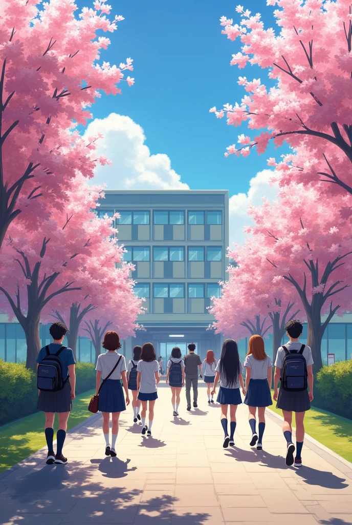 Korean school scene, students walking into school, spring 