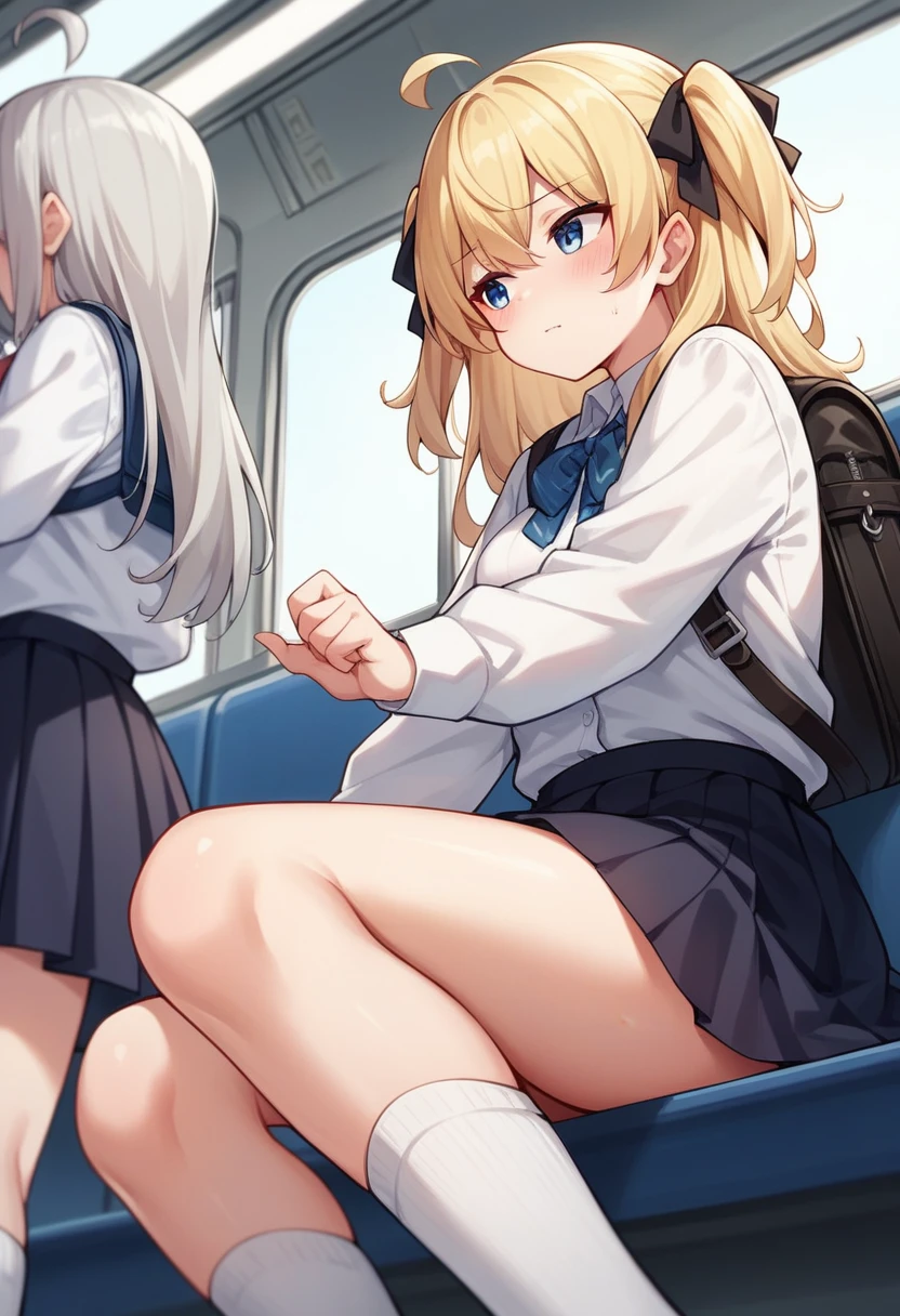 long hair, multiple girls, skirt, blonde, shirt, hair accessory, knee socks, ribbon, two girls, pigtails, sitting, school uniform, hair ribbon, white shirt, ahoge, white hair, grey hair, solo focus, black skirt, bag, clothes pulled up, from behind, two side up, black ribbon, uncensored, anal visible, legs out of frame, skirt pulled up, from below, backpack, >_<, Venus crack, turned away, train interior