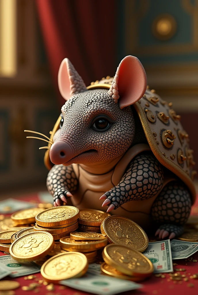 Could you create an image for me that is an armadillo with money and gold around it?
