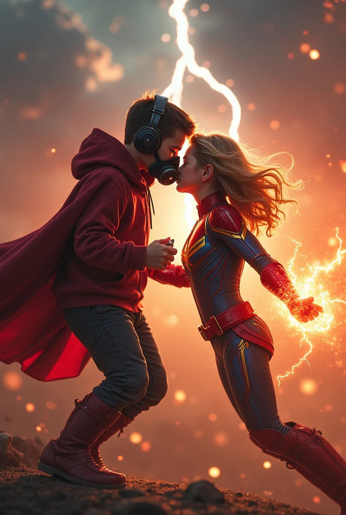 Young boy with red hoodie, headphones, star-lord helmet, gas helmet, covered mouth, round red eyes, Red eyes, magic rings in the hands and rocket boots, Vs, Capitana marvel (Big tits), Fighting, power, fiction, full body, 2 persons, magic lasso, hight, fall, fire in boots, poweful spells, realistic, helmet, mask, punch, gun, flying in the sky, love, passion, kissing, Romance