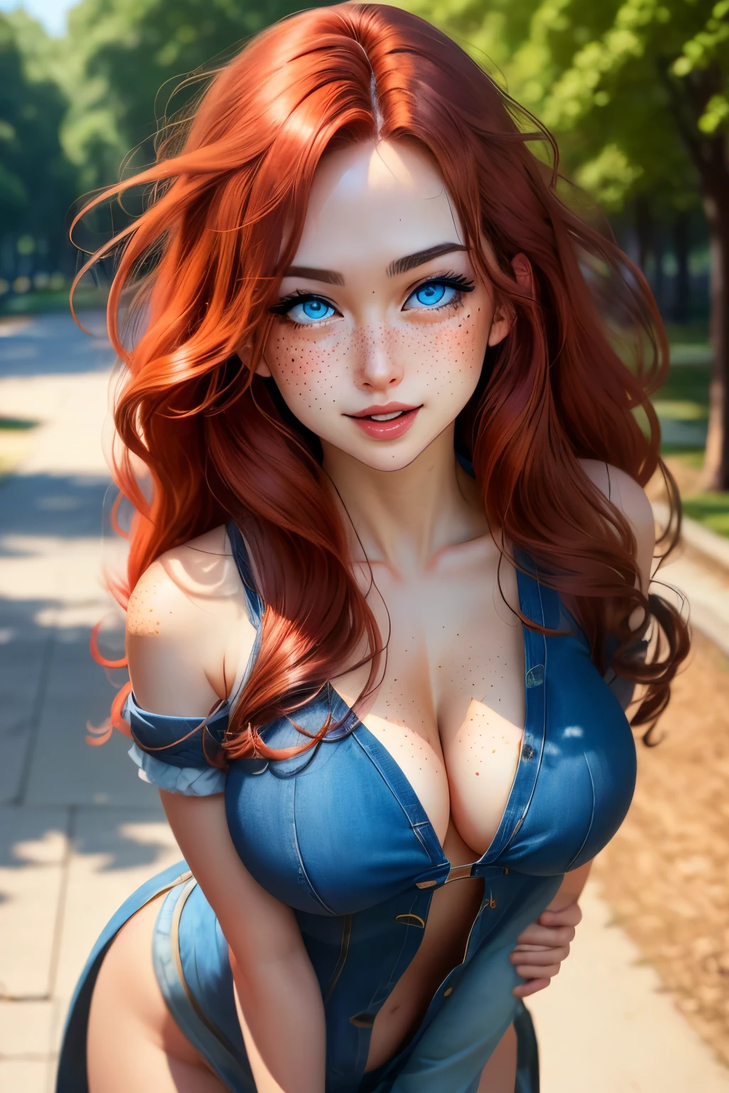 a one woman, long straight red hair, of the whole glass, perfectbody, muslos grandes, blue colored eyes, (ahegao), freckles on the face, face detailed, standing, in a park, ray tracing, high resolution, super detaill, 8k, Overview