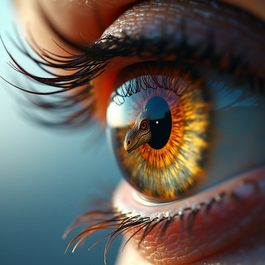 One eye looks at a flying dragon，The flying dragon is reflected on the surface of the eyeball。