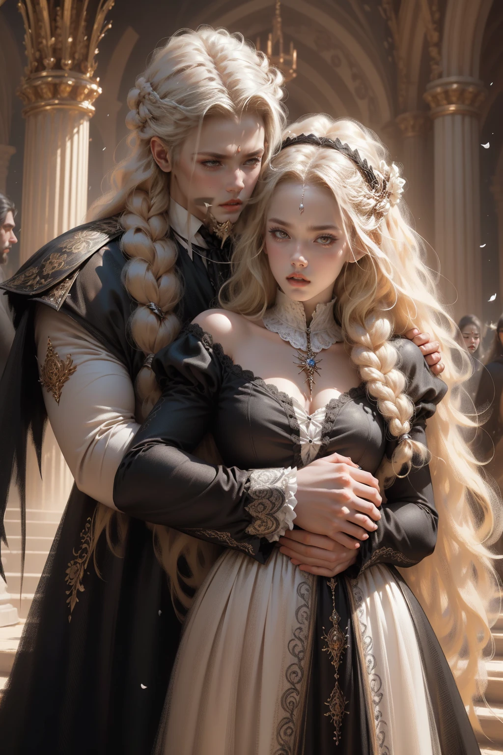 (masterpiece:1.4), (intricate:1.2), (detailed:1.2), (vibrant colors:1.2), BREAK, (gothic:1.2), (tragic:1.3), (romantic:1.3), (fantasy:1.0), BREAK, (pale skinned girl with very long blonde hair and strong bearded man with black hair:1.2), (white victorian dress:1.2), (blue eyes:1.4), (hug:1.2), (victorian era:1.2), BREAK, (opulent:1.2), (regal:1.0), (golden accents:1.0), (castle:1.2), (roses:1.2)