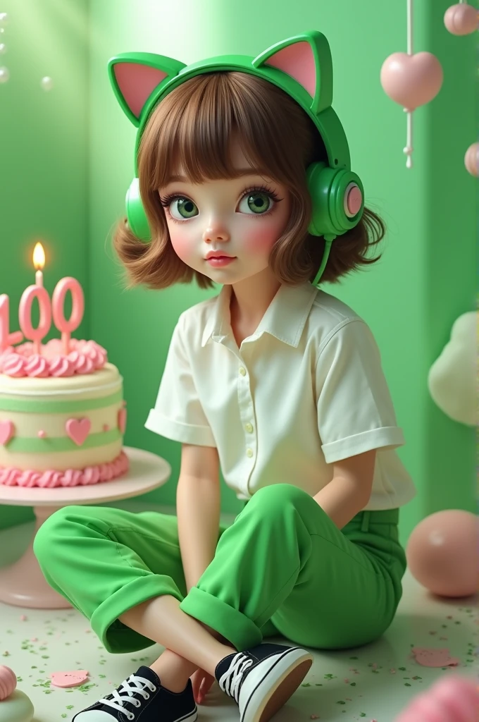  doll shape,Caucasian skin,greeneyes, short wavy brown hair,White blouse and green pants,black sneakers,green kitty headphones,cake with 100 followers candle 