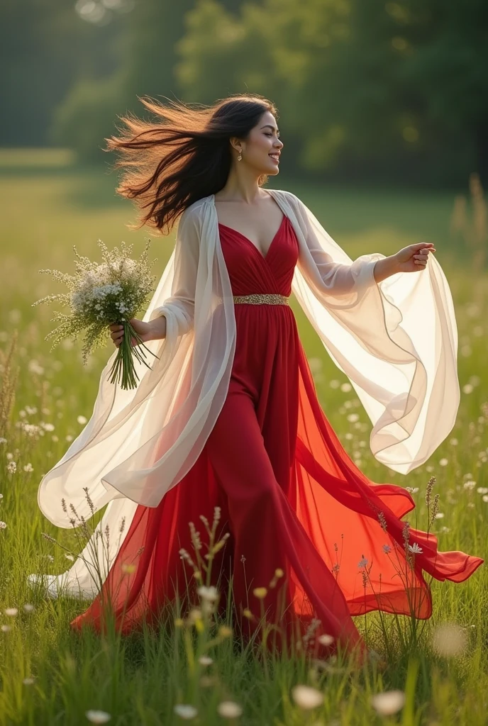 Photoshot of a beautiful woman wearing a red and white dress with a long cloth on her shoulders.
Dancing in the green meadow while holding flowers
