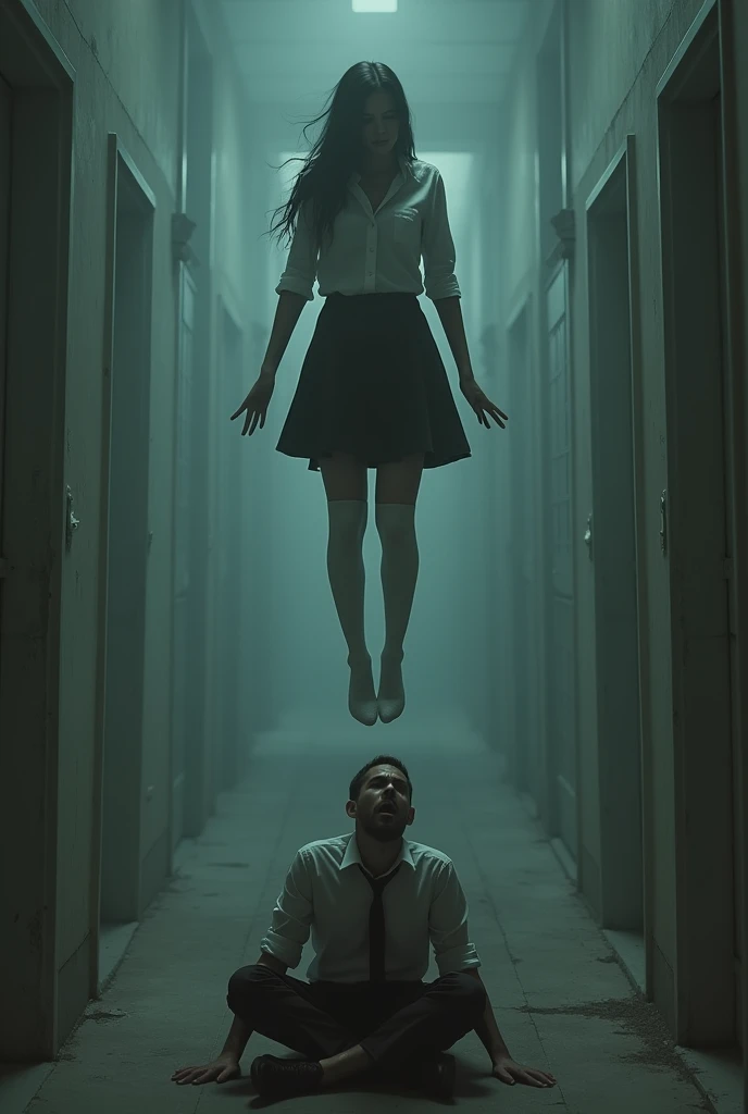 Female teacher scene in white thigh high socks, hanged ,hovering in the air , a man sitting on the ground in panic