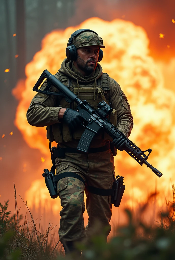 Photorealism 1.4 realistic realism high detailed definition  create for me movie poster 6 commando on the centre background explosion shooting action smoke effect with backpack woodland camouflage uniform M4 carbine rifle with scope tactical helmet headphones gear