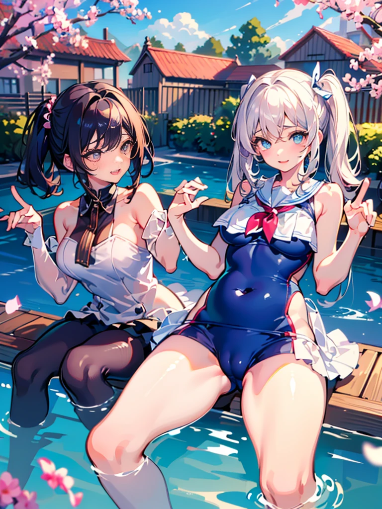 ((A plump and squishy lady:1.3)),((surprise!!:1.3)),(((Women's Lace Panties,((open crotch pantie)),transparent,Erotic lingerie,Big size,Open crotch underwear))),Highest quality、High resolution、Detailed Background、(Beautiful face in every detail:1.4)、Five of the cutest young girls, around 6 to , are participating in a swimming lesson at a Japanese elementary school. They are wearing bright blue school swimsuits with matching white swim caps. Each girl has a unique and adorable look—one with pigtails, another with a single braid, and the rest with their hair styled in various cute ways. They are in the middle of the pool, practicing their strokes with cheerful expressions. The scene is set in an outdoor school pool with clear, sparkling water. The girls are surrounded by a lively, sunny environment with the school's red-brick building and a few cherry blossom trees in the background. The mood is playful and joyful, capturing the girls' enthusiasm and the fun of learning to swim.