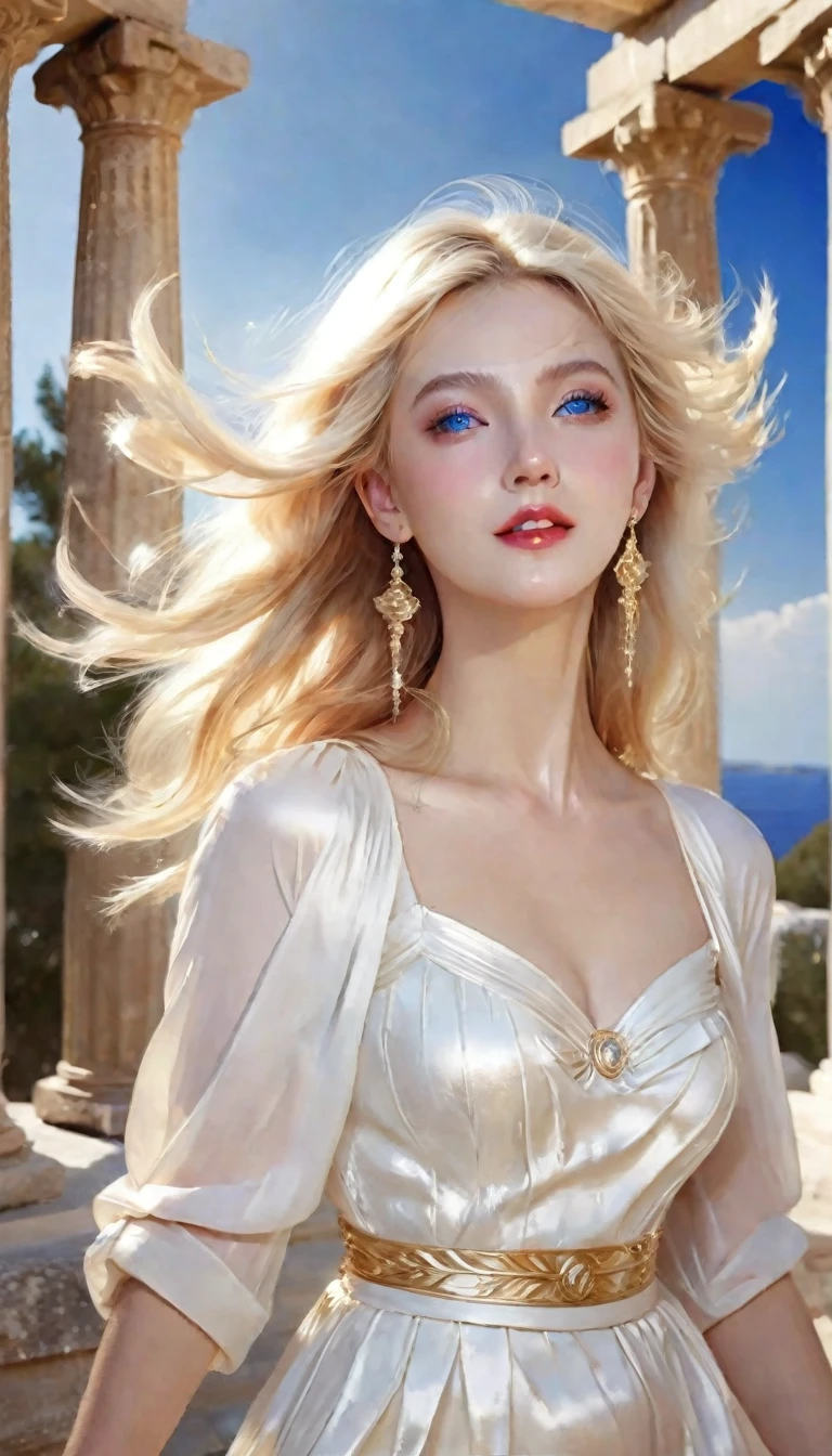 (Highest quality,Very detailed,High resolution,masterpiece,8k),Bright and vibrant colors,Official artwork,Greek white dress,Stylish makeup,Mid length, Shiny blonde hair blowing in the wind,Beautiful long, narrow eyes,Beautiful Blue Eyes,Glossy Lips,Beautiful woman with plump breasts,Beautiful neckline, Beautiful full body style,Holding,A beautiful and elegant smile,Old Greek temple,Rose flower,Detailed CG,