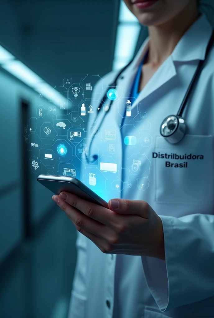 a cinematic image of a cell phone lying in the hand of a doctor with an ologram coming out of the cell phone of medicines injection blood pressure device pulse oximeter with the name Distribuidora Brasil on the doctor&#39;s coat