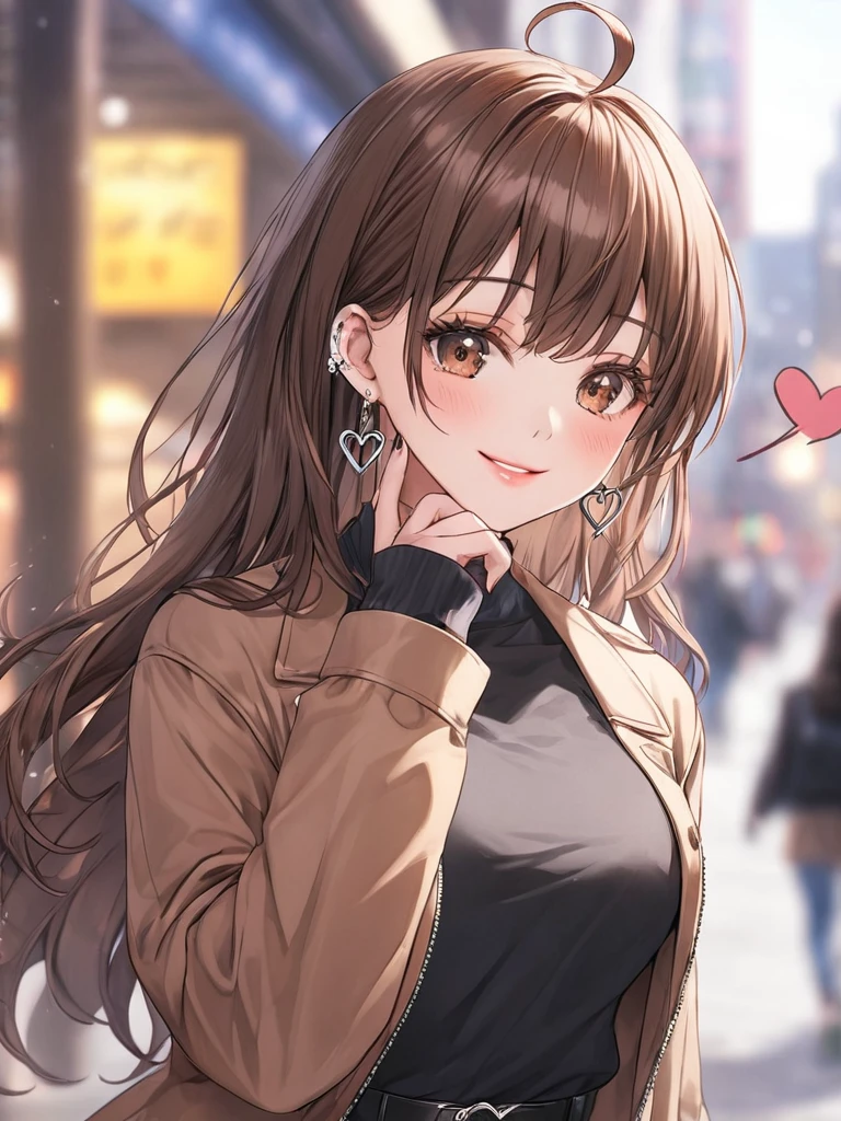 ((masterpiece, best quality)), ultra detailed, very aesthetic, absurdres, One girl, Ahoge, bangs, black skirt, black sweater, Blurred, Blurred background, chest, Brown eyes, Brown Hair, brown Jacket, Mouth closed, Day, Depth of written boundary, Earrings, eyelash, Raise your hand, Tilt your head, Jacket, jewelry, Long Hair, Long sleeve, View Viewer, medium chest, Manicure, Open clothes, open Jacket, Outdoor, Pursed lips, Tucked in shirt, Side Lock, skirt, Sleeves are longer than the wrist, alone, sweater, Upper Body, smile, (text “･･････”, spoken heart), 