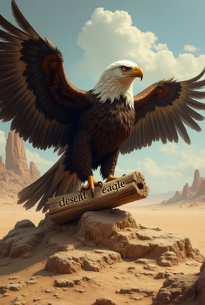 Eagle wings open rock, eagle as semblance of evil, in the cracked desert holding a piece of wood in its claws with the word Desert Eagle written on it 
