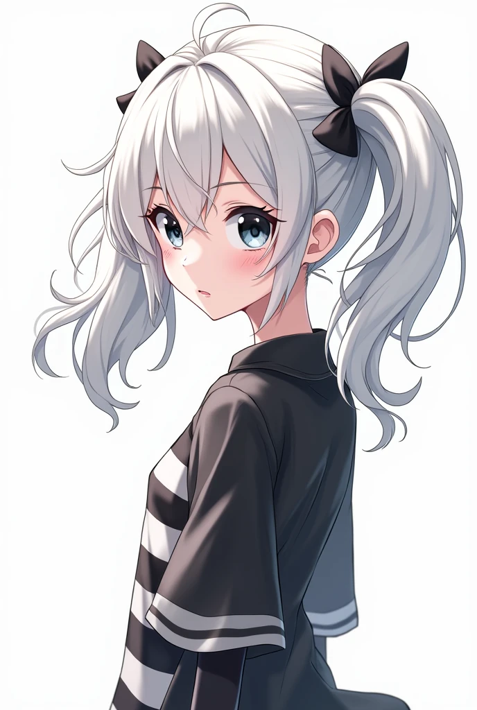 Female anime character white hair with pigtails black and white shirt