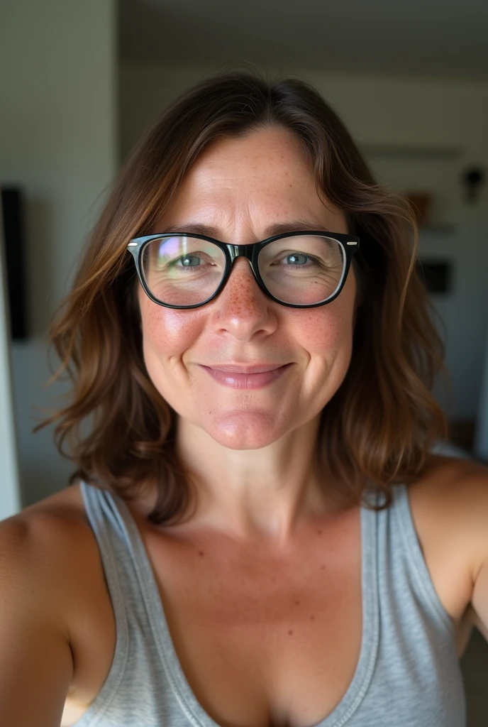 A moderately fat woman, White skin , brown hair with glasses and has many freckles, with a tank top on The image is taken selfie style with a cell phone in front of a mirror
