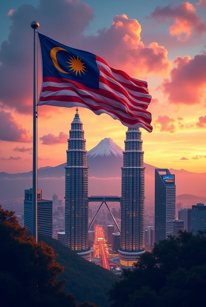 Album cover, rich and diverse Malaysia, Malaysia flag, dusk time, PETRONAS twin towers, mount Kinabalu 