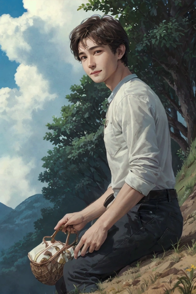 masterpiece, best quality, 1man, adult, male focus, solo, short hair, farmer outfit, extremely detailed summer background from the farm, smiling face, subtle muscles, sexy