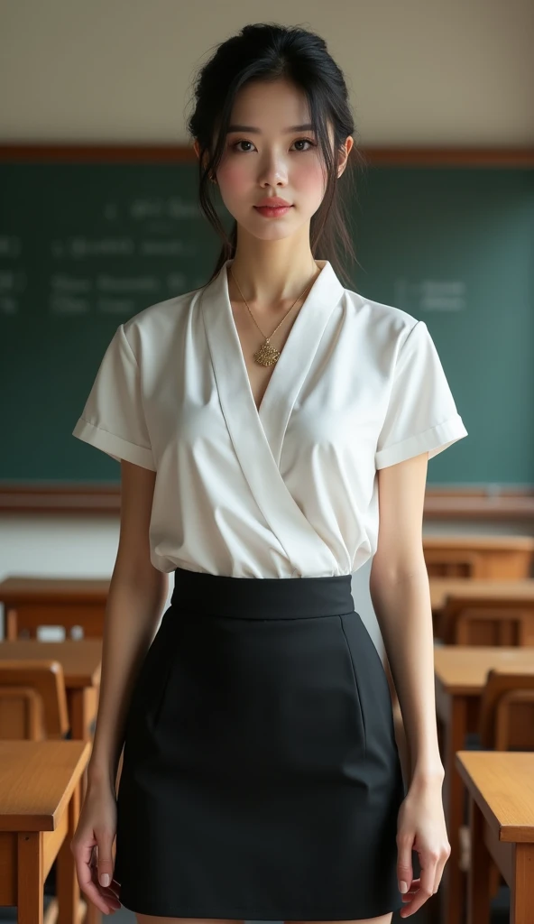 Beautiful Japanese girl with smooth skin, black hair, dark brown eyes, gold pendant (medium chest), wearing Thai teacher's outfit, white short-sleeved shirt, black short skirt, slim fit, holding a small wooden stick in her hand, standing and posing in the classroom, background is a classroom, student desks and chairs, the most realistic image.