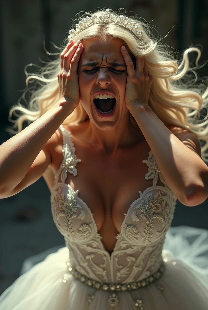 Beautiful blonde in a wedding dress screams angry and holds her head with her hands with big breasts with a big neckline