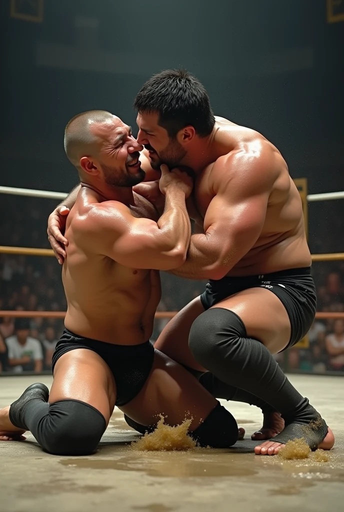 A young Japanese professional wrestler A and a senior Japanese professional wrestler B are in the ring.。The Battle Between A and B。
A is buzzcut and muscular、Wearing short tights。Sweaty。Painful expression。
B is short-haired, muscular, and dark-skinned、Wearing short tights。
A has one knee in the ring。B hugs A from behind and attacks him violently.。B&#39;s friend applies a wrestling move to A&#39;s leg.。
Fujifilm, 