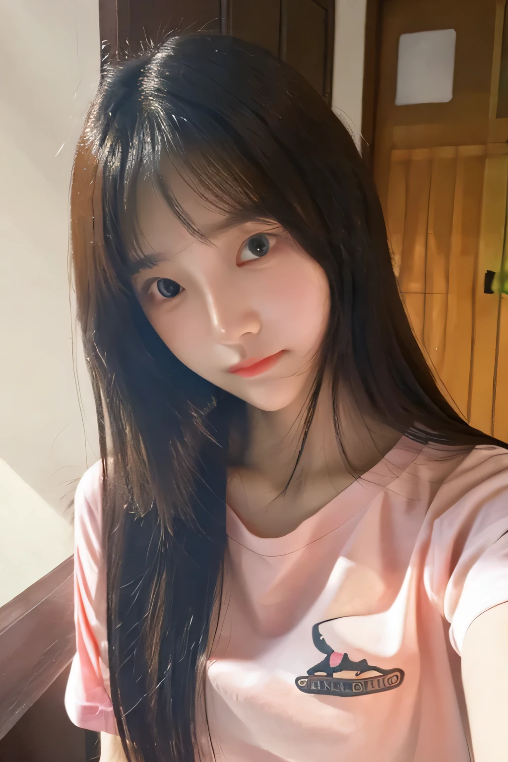 student girl korean cute　face　there is a girl that is taking a selfie in her room, summer shirt, 23years old， with casual Tshirt,  Korea style shirt, Fair complexion，Delicate skin，Good facial features