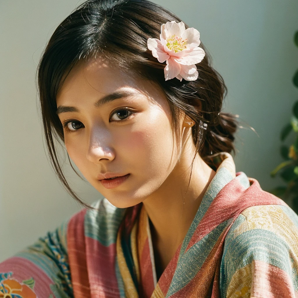 A hyper-realistic image of a single Japanese woman in her early 20s, captured from the shoulders up with the nostalgic warmth and subtle graininess of a film camera. She is wearing a traditional yukata with a vibrant, cute design featuring bold and colorful floral patterns such as cherry blossoms and peonies in shades of pink, red, and lavender, set against a soft pastel background. The obi is elegantly tied with a complementary color, adding a playful touch. The fabric of the yukata appears naturally lightweight, with visible folds and textures that enhance its realism, draping gracefully over her shoulders. Her skin, seen clearly from the shoulders up, has a warm beige tone with a highly realistic, slightly rough texture, showcasing visible pores, fine lines, and minor blemishes, along with subtle unevenness, such as delicate dryness around the cheeks and small natural shadows under the eyes. The lighting is soft and subdued, replicating the gentle, diffused natural light of an overcast day or early evening, creating realistic shadows across her face. These shadows subtly contour her cheekbones, nose, and jawline, adding depth and dimension to her facial features, enhancing the lifelike quality of her skin texture. Her straight, glossy black hair frames her face naturally, slightly tousled, adding to the authenticity of her look. Her deep brown eyes reflect the ambient light, providing depth and a natural, lifelike shine. The film camera effect introduces a noticeable grain and a soft focus, giving the image a warm, nostalgic atmosphere while maintaining the raw, lifelike quality of her skin. The composition is centered solely on her, capturing her serene and understated elegance, focusing closely on the detailed textures of the yukata and the authentic, natural skin texture, with dynamic lighting and shadow play that mimics a real-life photograph.